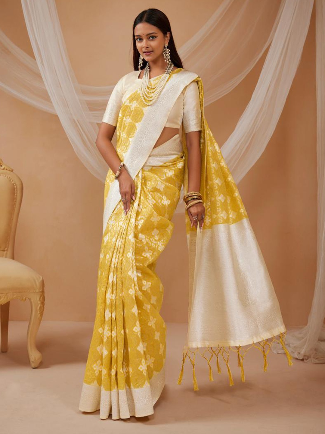 

STAVA CREATION Woven Design Silk Cotton Designer Saree, Yellow