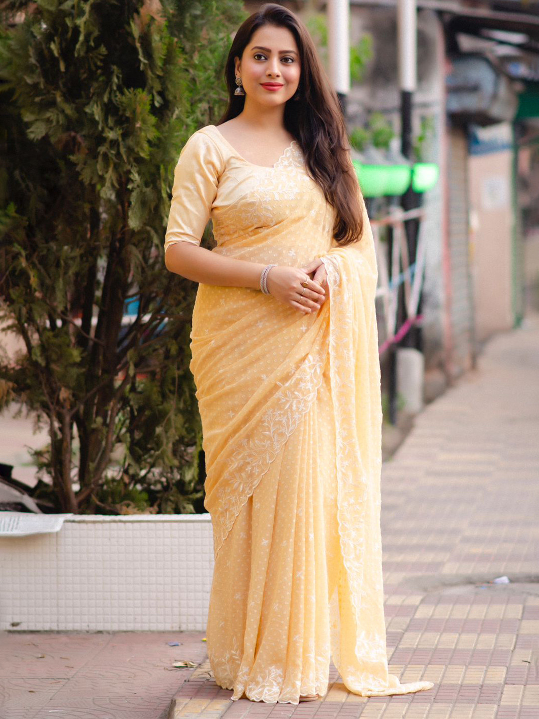 

STAVA CREATION Woven Design Embroidered Pure Chiffon Fusion Saree, Yellow