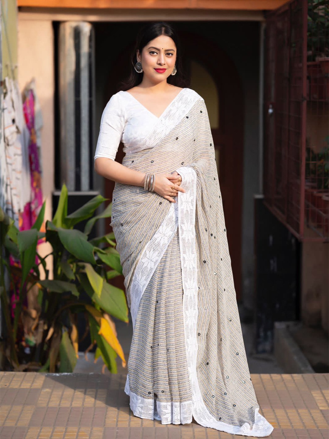 

STAVA CREATION Striped Print Mirror Work Woven Design Saree, Grey