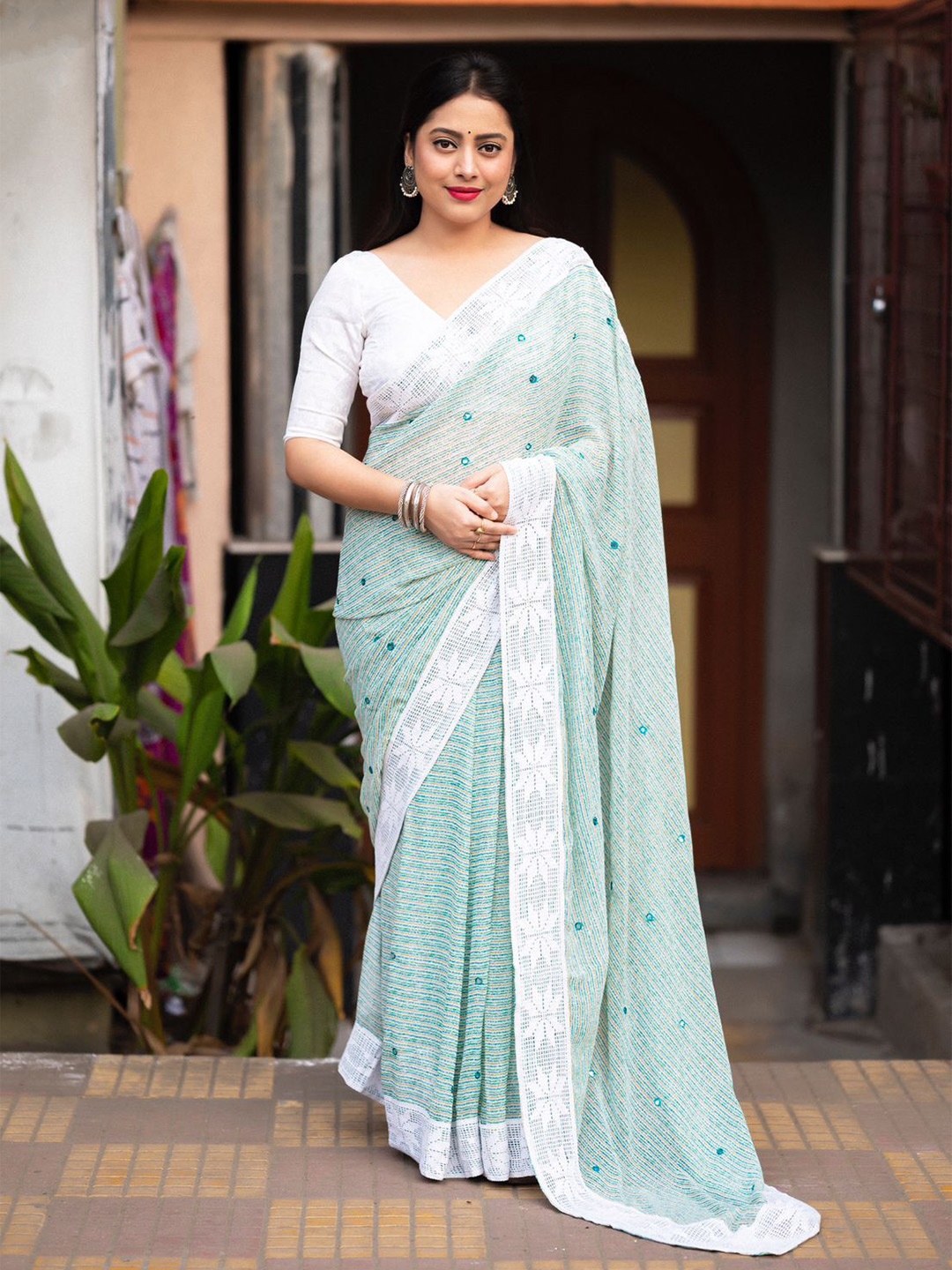 

STAVA CREATION Mirror Work Striped Woven Design Saree, Blue