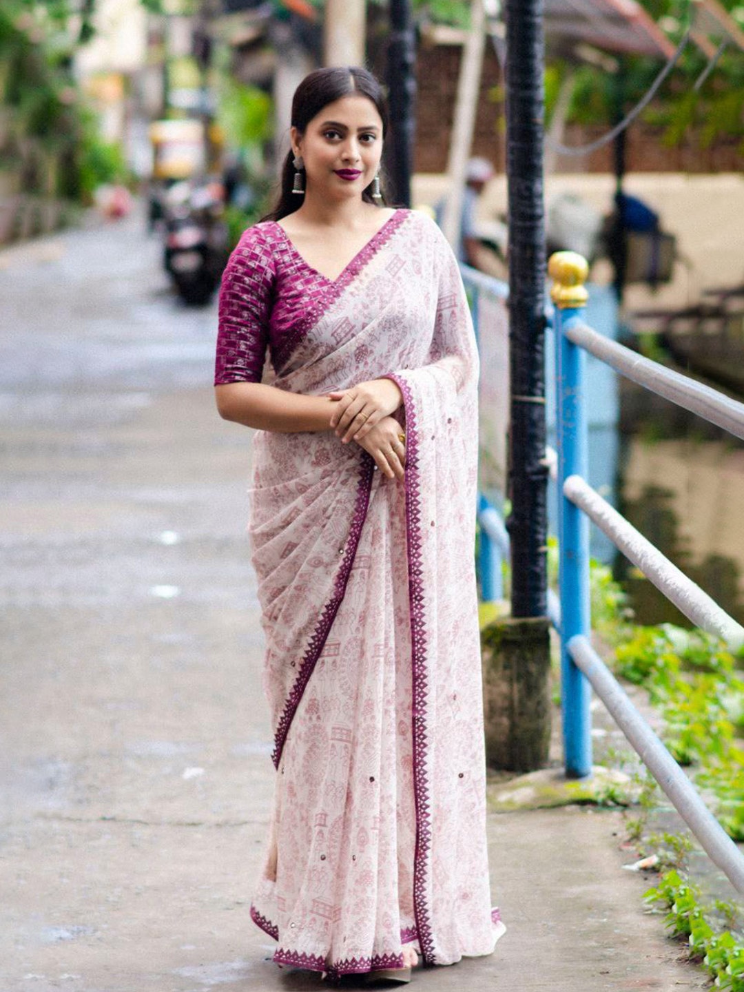 

STAVA CREATION Warli Pure Georgette Banarasi Saree, Purple