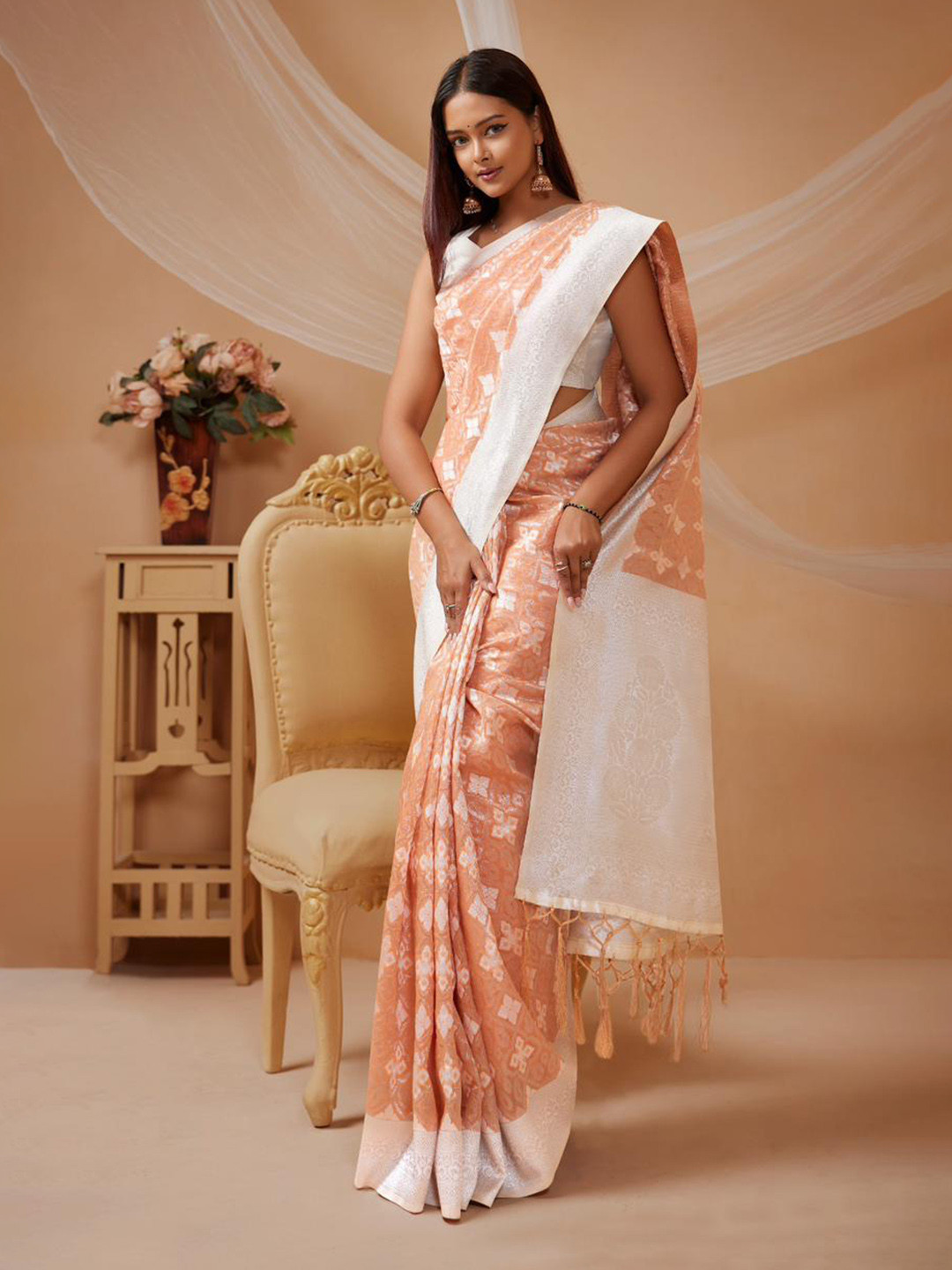 

STAVA CREATION Woven Design Silk Cotton Designer Saree, Peach