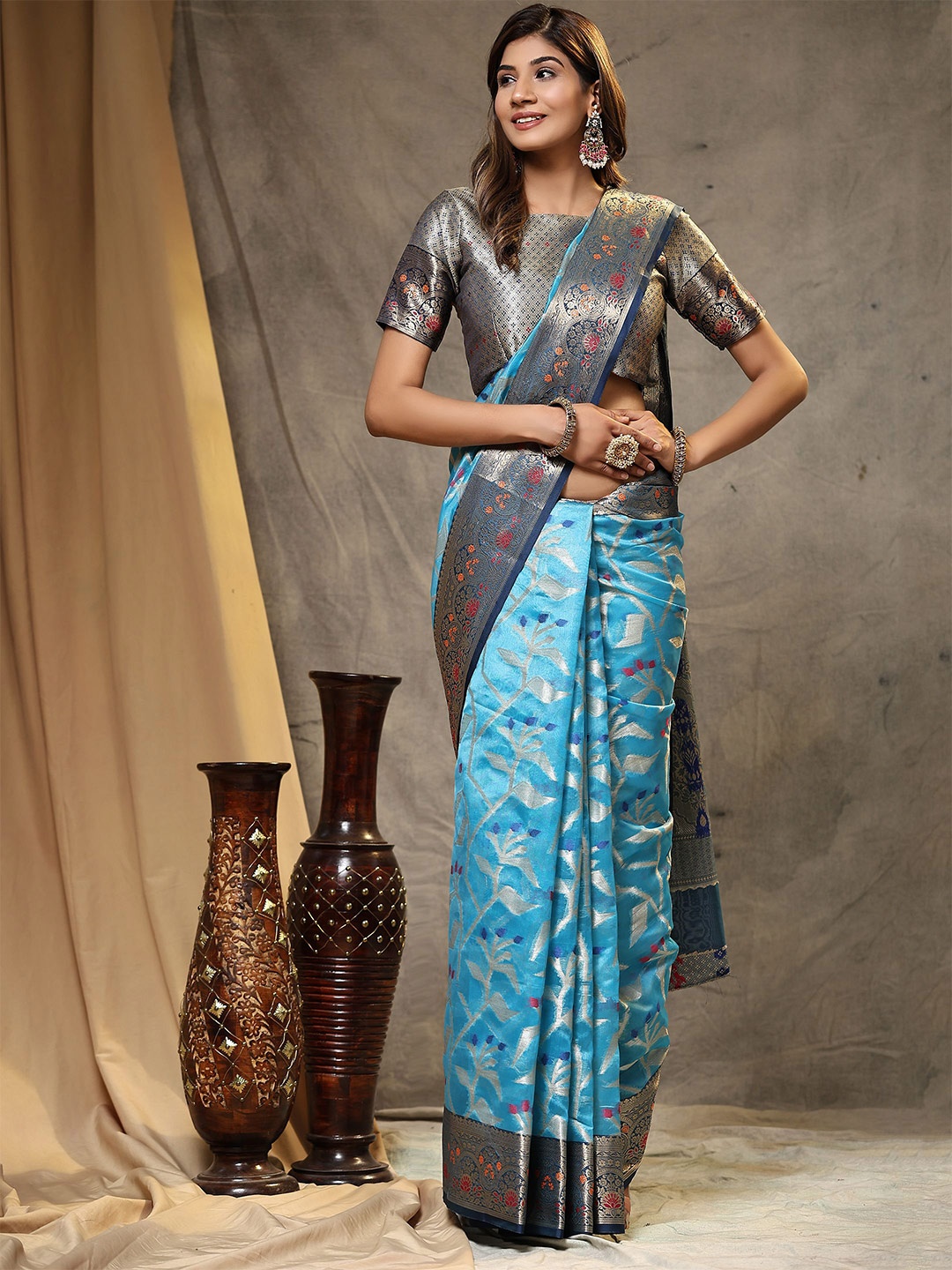 

NIWAA Floral Zari Pure Tussar Silk Saree, Blue