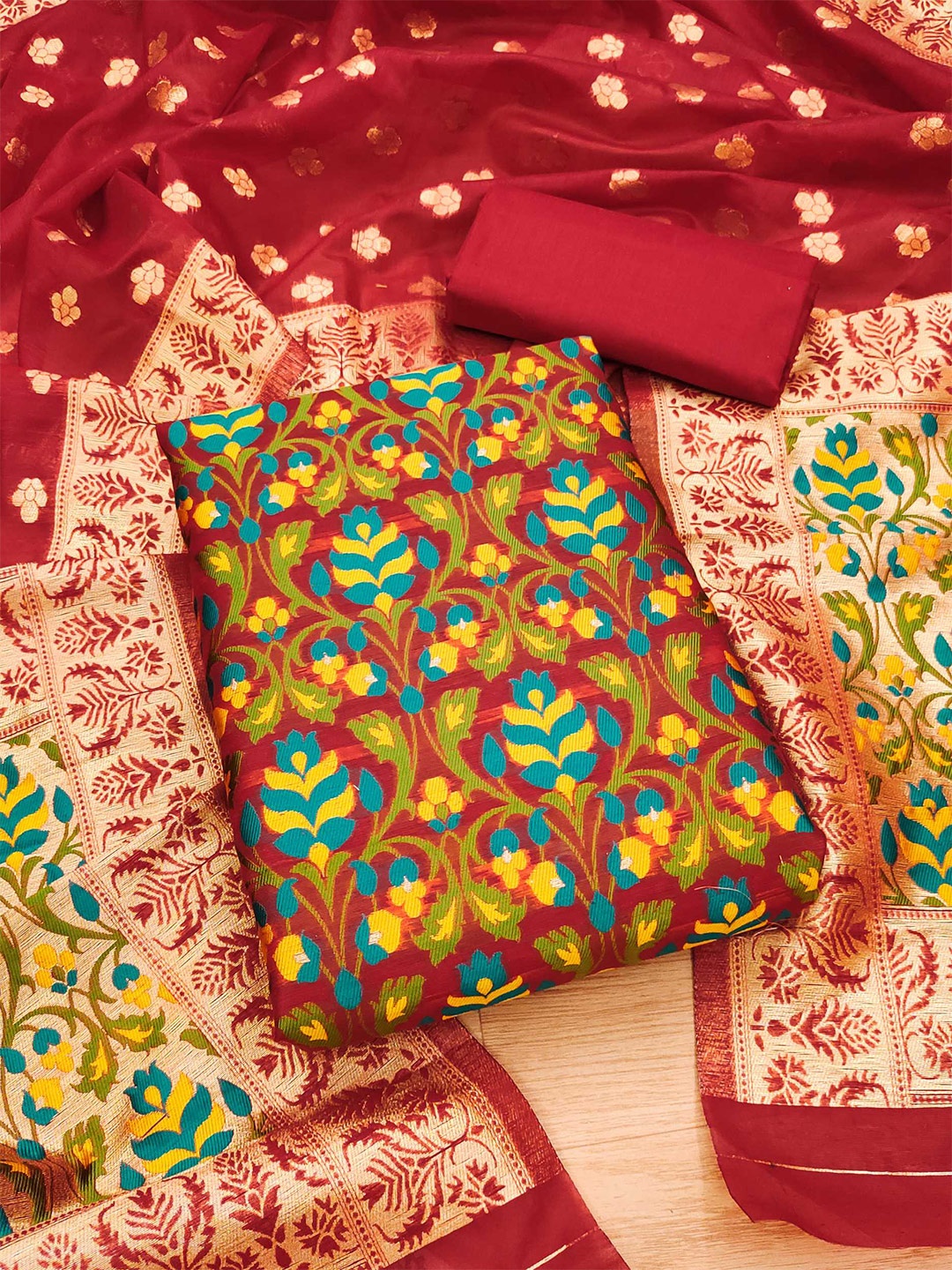 

Panzora Ethnic Motifs Woven Design Unstitched Dress Material, Red