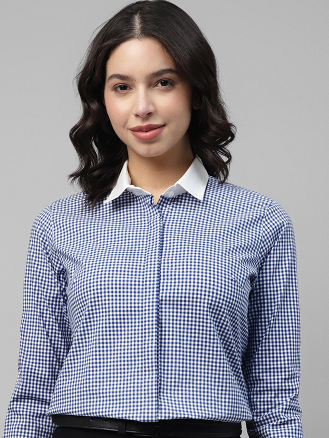 

Hancock White Gingham Checks Spread Collar Formal Pure Cotton Shirt