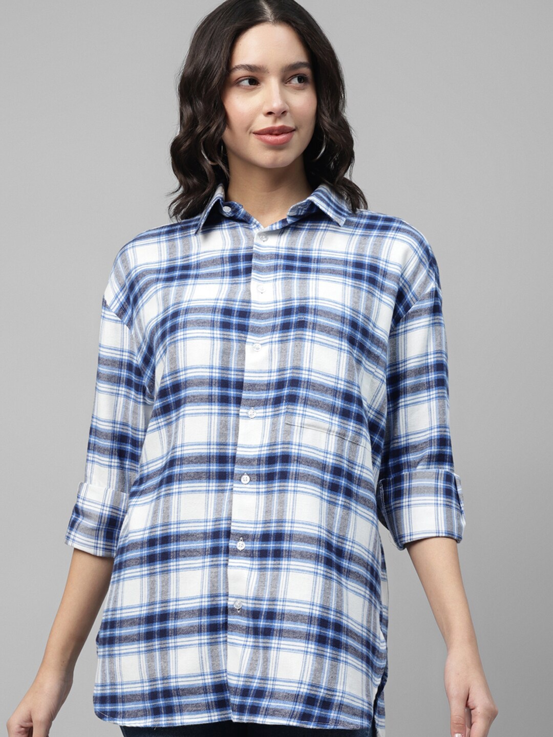 

Hancock Plaided Checked Pure Cotton Longline Oversized Casual Shirt, White