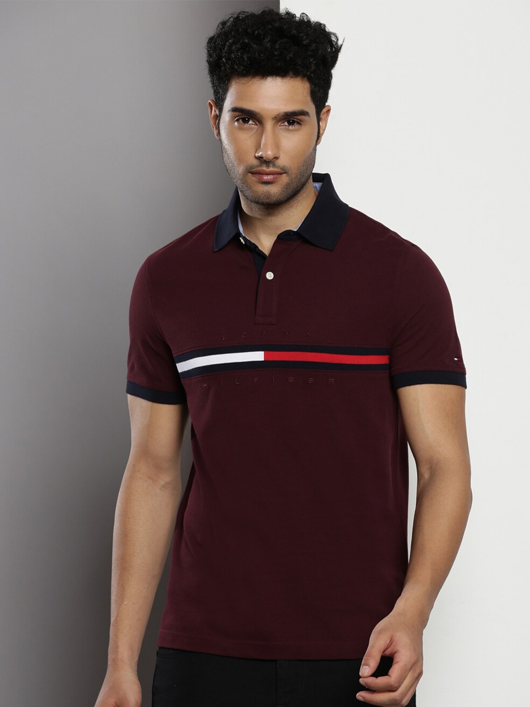 

Tommy Hilfiger Striped Polo Collar Short Sleeves Pure Cotton T-shirt, Burgundy