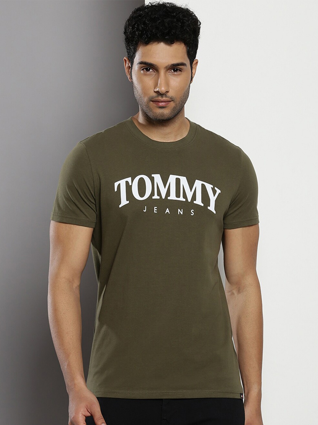 

Tommy Hilfiger Typography Printed Round Neck Short Sleeves Slim Fit T-shirt, Olive