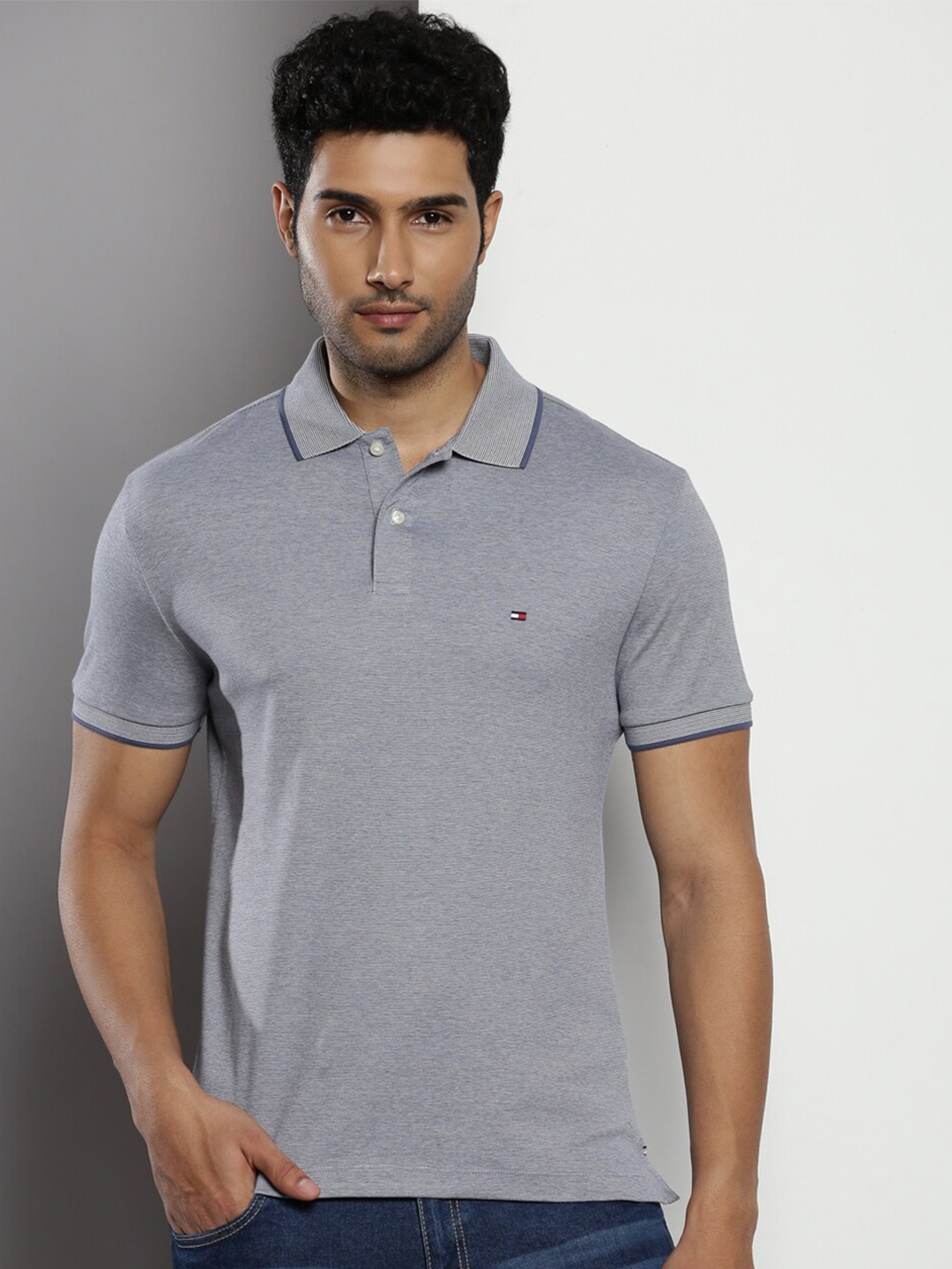 

Tommy Hilfiger Polo Collar Short Sleeves Pure Cotton Slim Fit T-shirt, Grey