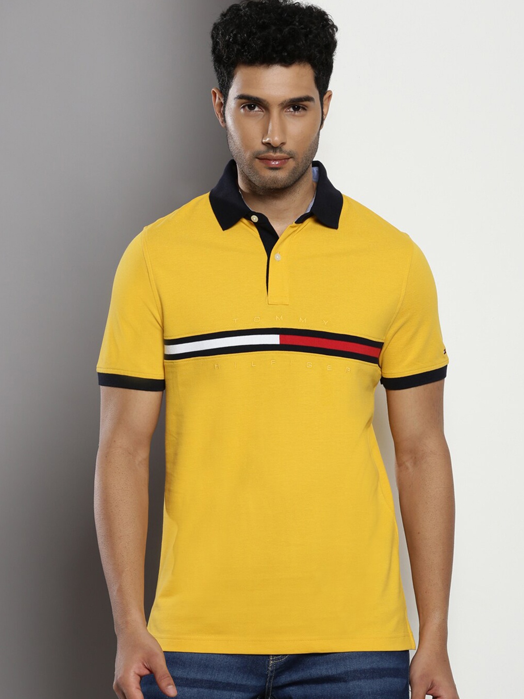 

Tommy Hilfiger Striped Polo Collar Short Sleeves Pure Cotton T-shirt, Yellow