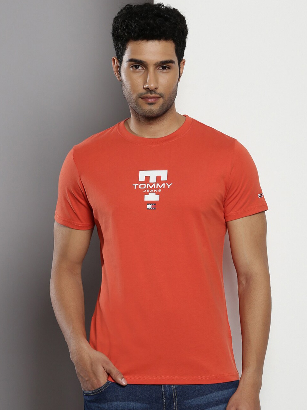 

Tommy Hilfiger Typography Printed Round Neck Short Sleeves Slim Fit T-shirt, Orange
