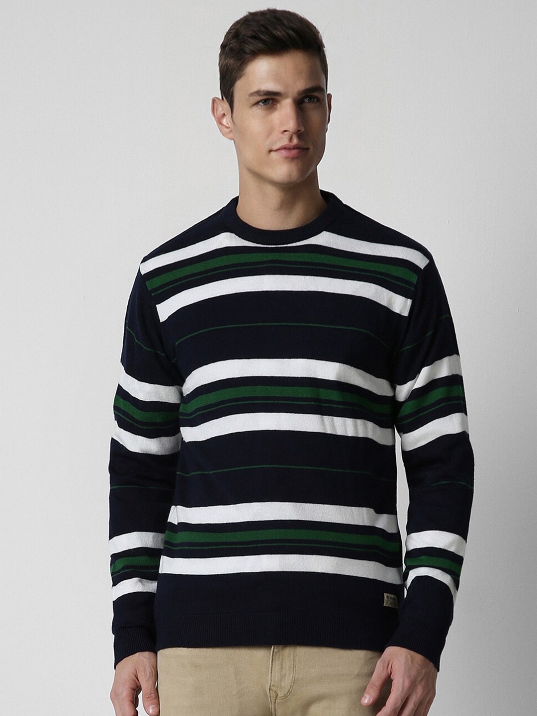 

PETER ENGLAND UNIVERSITY Men Navy Blue Striped Pullover