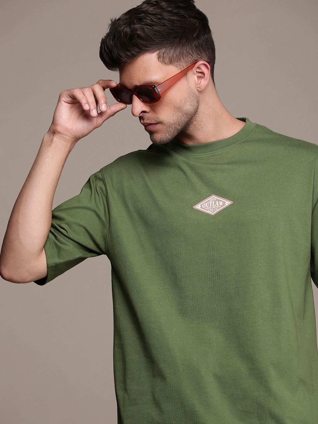 

Roadster Men Printed Drop-Shoulder Sleeves Pure Cotton T-shirt, Olive