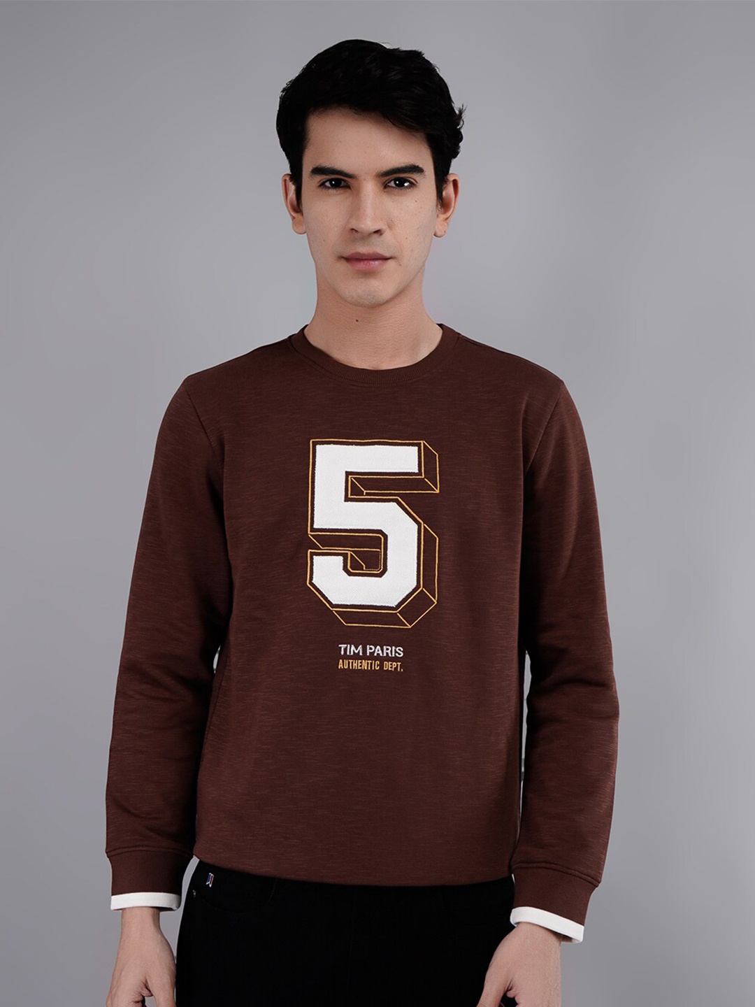 

TIM PARIS Typography Printed Round Neck Cotton Pullover, Coffee brown