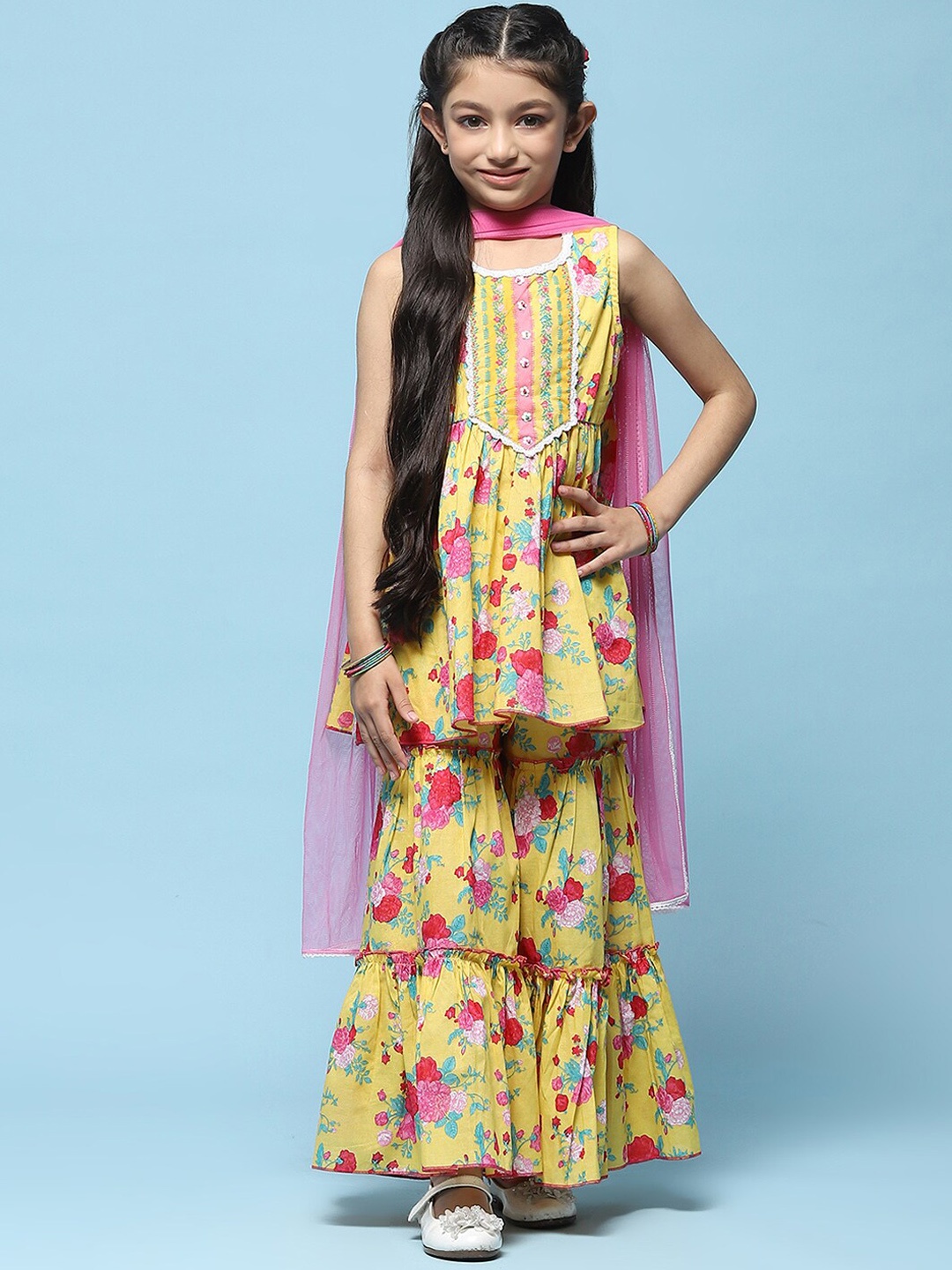 

Biba Girls Floral Printed Pure Cotton Straight Kurta With Sharara & Dupatta, Yellow