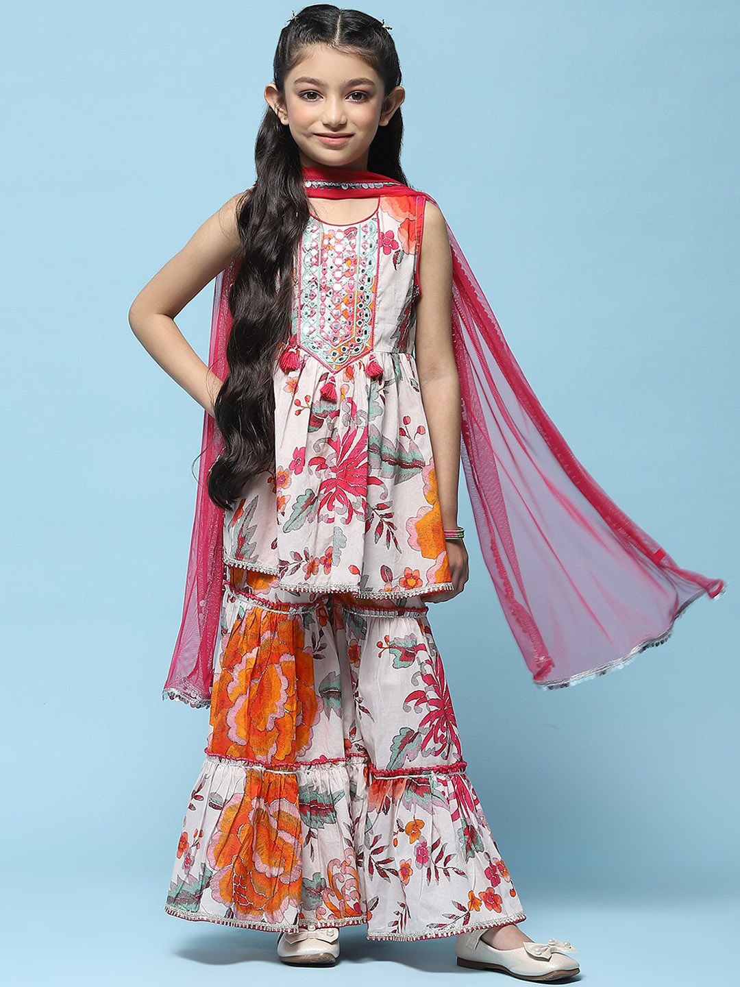 

Biba Girls Floral Printed Pure Cotton Straight Kurta With Sharara & Dupatta, Off white