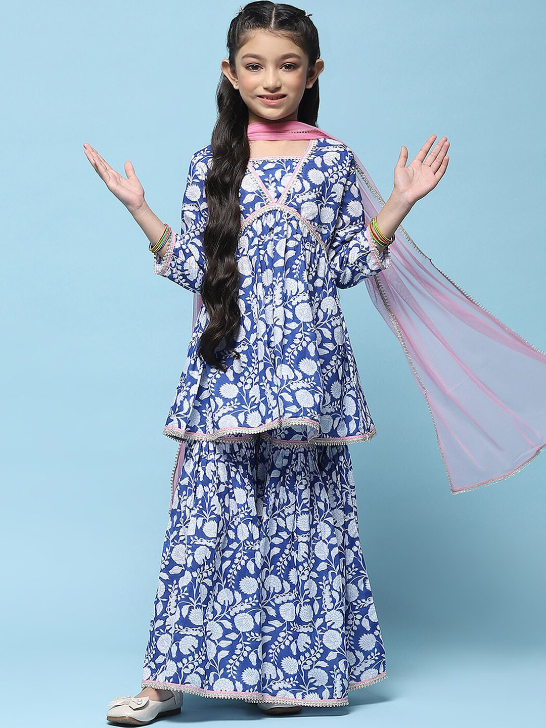 

Biba Girls Floral Printed Pure Cotton Straight Kurta With Sharara & Dupatta, Blue