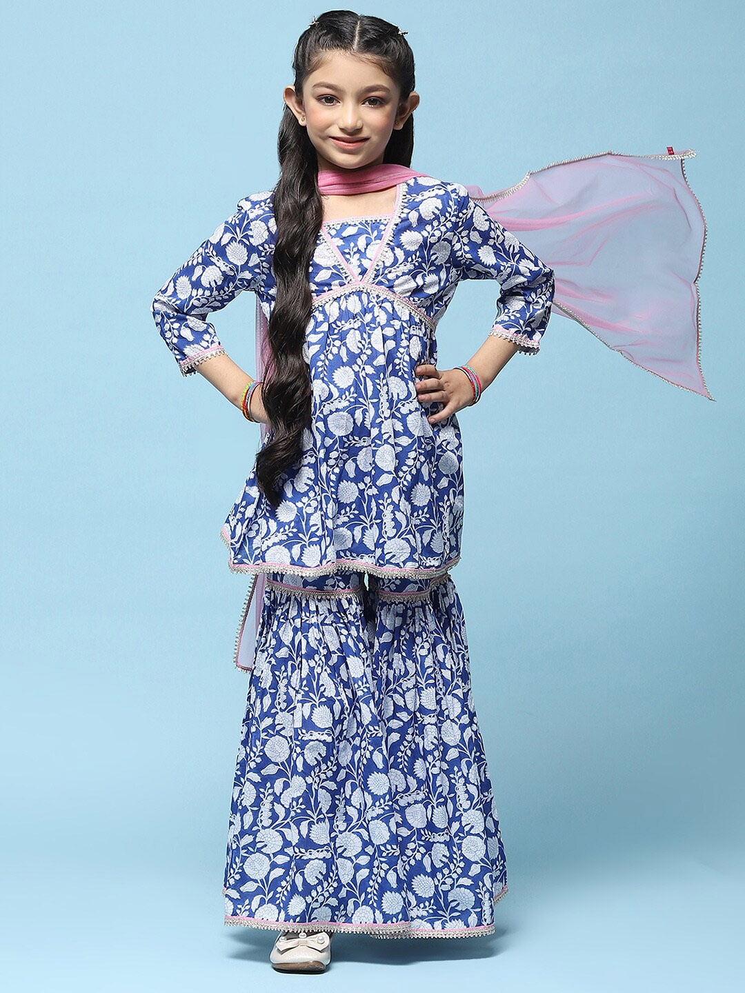 

Biba Girls Floral Printed Pure Cotton Straight Kurta With Sharara & Dupatta, Blue