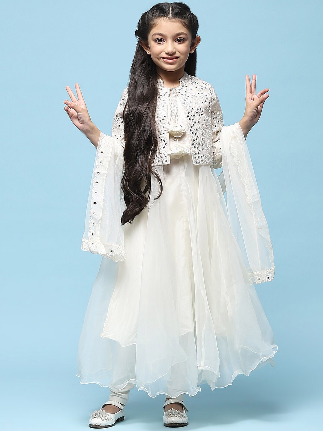 

Biba Girls Floral Embroidered Kurta With Churidar & Dupatta, White