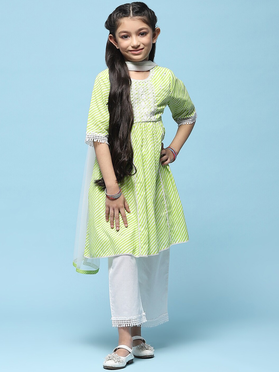 

Biba Girls Striped Printed Pure Cotton Kurta With Palazzos & Dupatta, Green