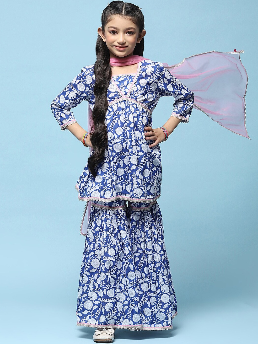 

Biba Girls Floral Printed Pure Cotton Straight Kurta With Sharara & Dupatta, Blue