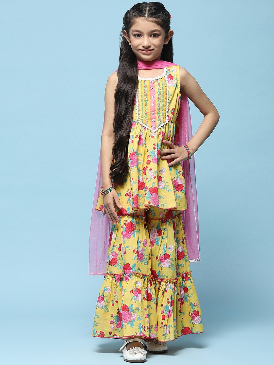 

Biba Girls Floral Printed Pure Cotton Straight Kurta With Sharara & Dupatta, Yellow
