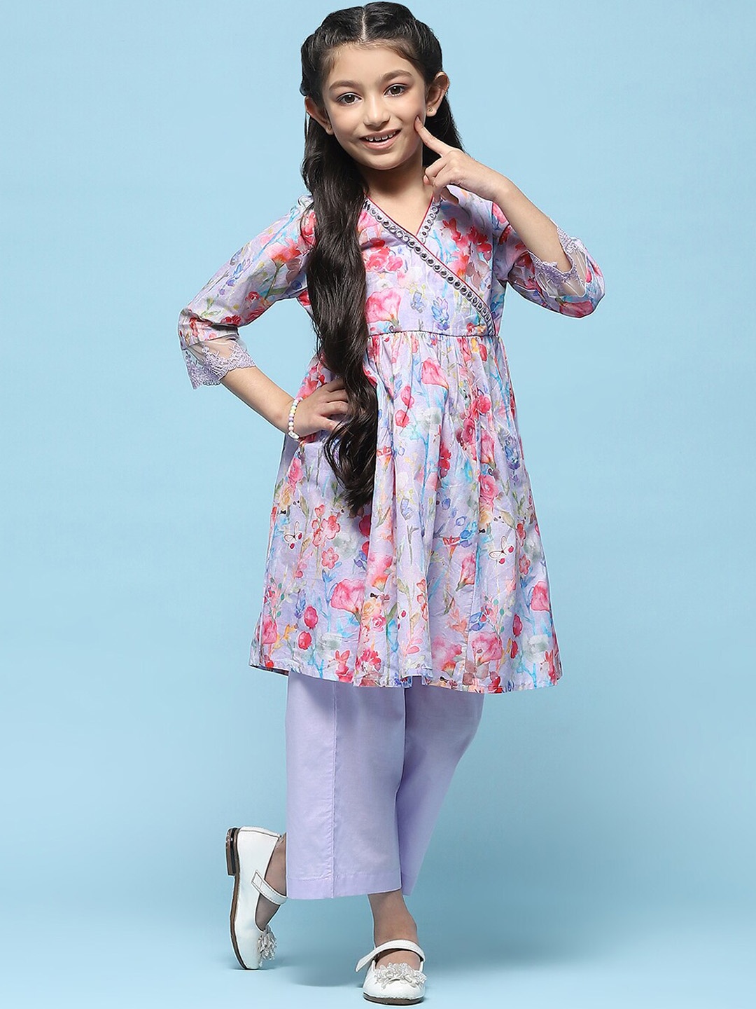 

Biba Girls Floral Printed Pure Cotton Kurta with Trouser, Lavender