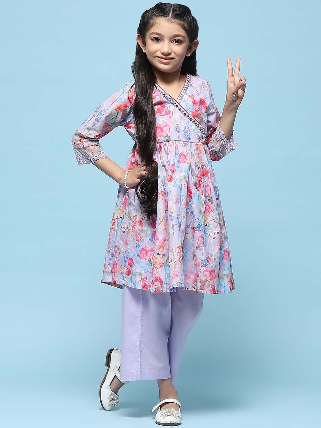 

Biba Girls Floral Printed V Neck Pure Cotton Kurta with Trouser, Lavender