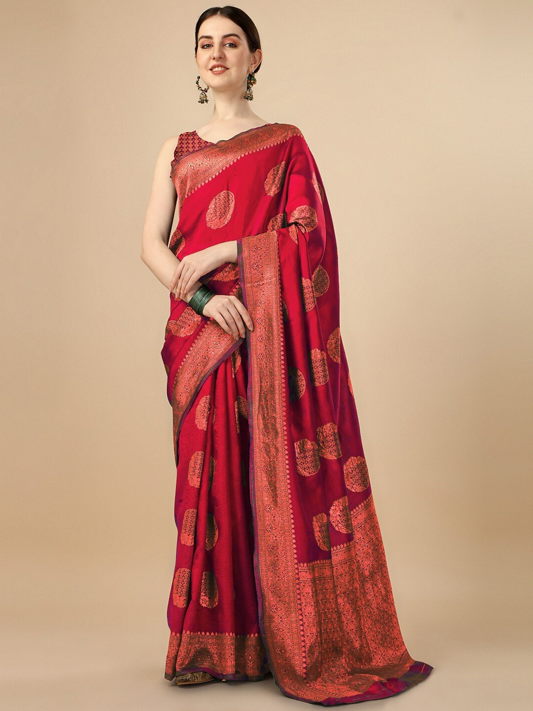 

Ashiya Fab Ethnic Motifs Silk Blend Kanjeevaram Saree, Red