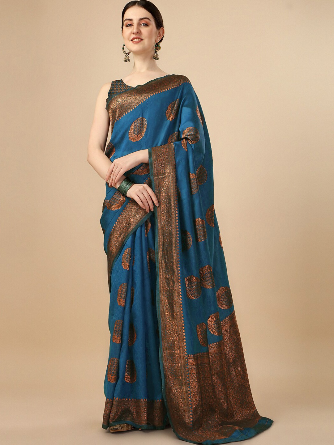 

Ashiya Fab Ethnic Motifs Silk Blend Kanjeevaram Saree, Turquoise blue