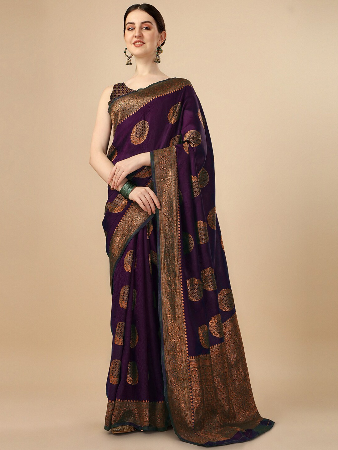 

Ashiya Fab Ethnic Motifs Silk Blend Kanjeevaram Saree, Purple