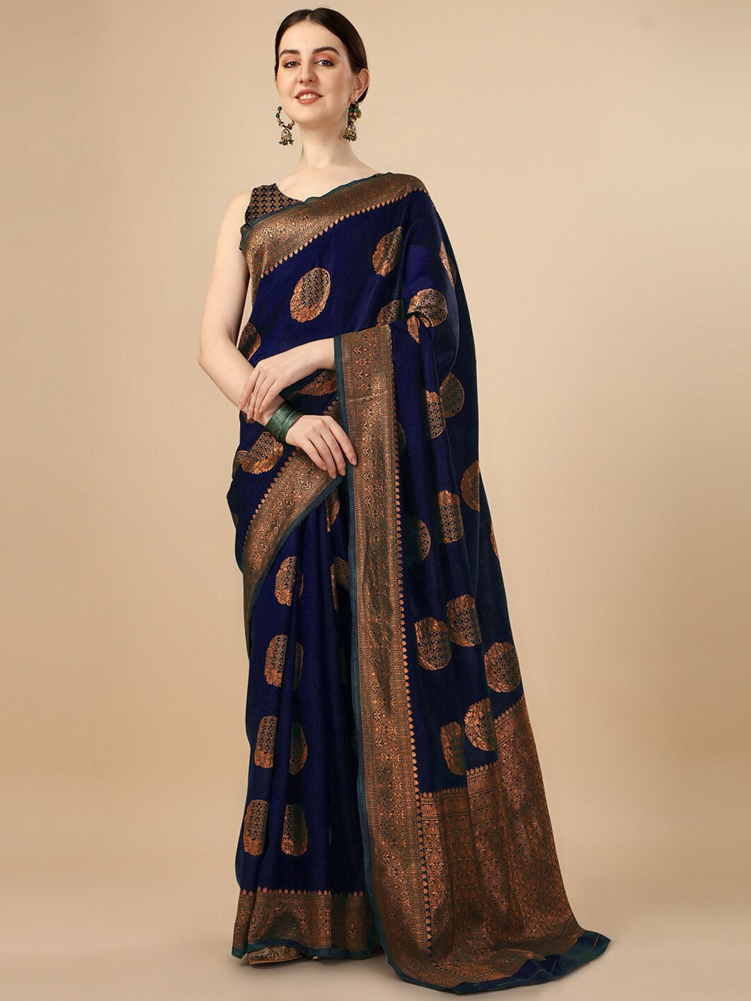 

Ashiya Fab Ethnic Motifs Silk Blend Kanjeevaram Saree, Navy blue
