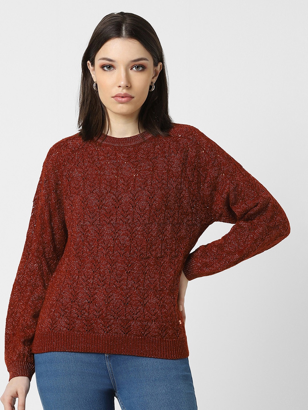 

Van Heusen Woman Cable Knit Self Design Acrylic Lyocell Pullover, Maroon