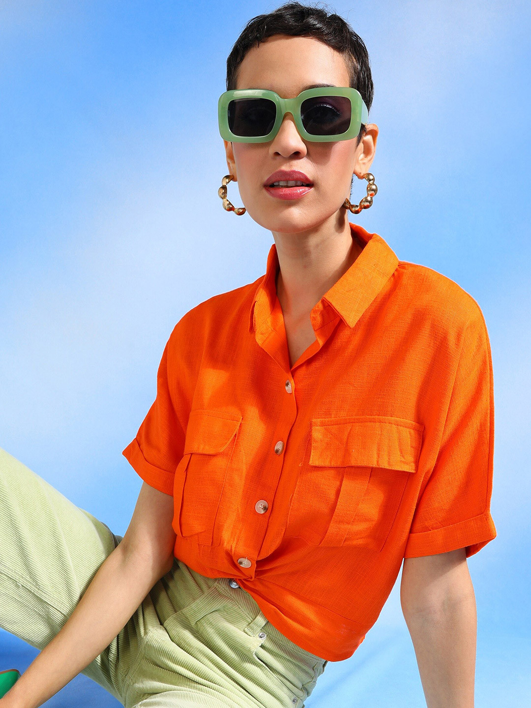 

SHECZZAR Orange Cotton Casual Shirt