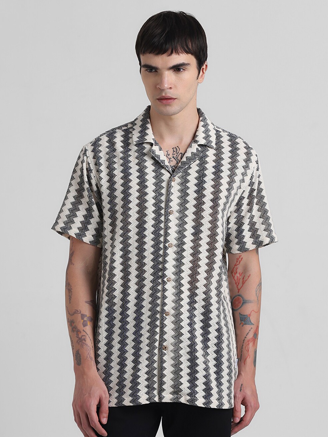 

Jack & Jones Spread Collar Abstract Textured Opaque Cotton Casual Shirt, Beige