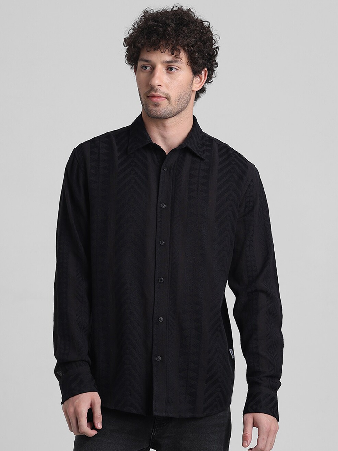 

Jack & Jones Spread Collar Self Design Textured Cotton Casual Shirt, Black