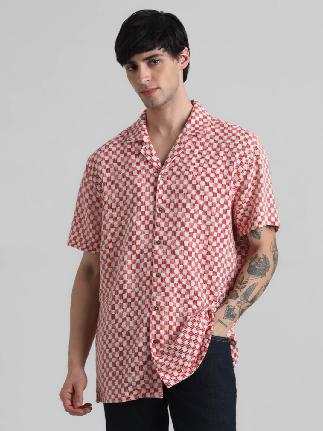

Jack & Jones Self Design Cuban Collar Pure Cotton Casual Shirt, Red