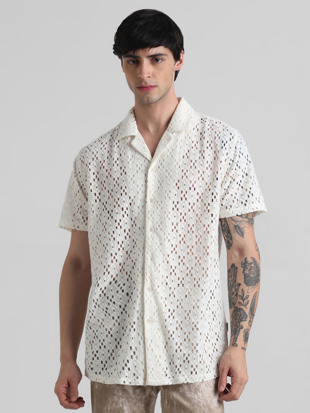

Jack & Jones Self Design Cuban Collar Casual Shirt, Off white