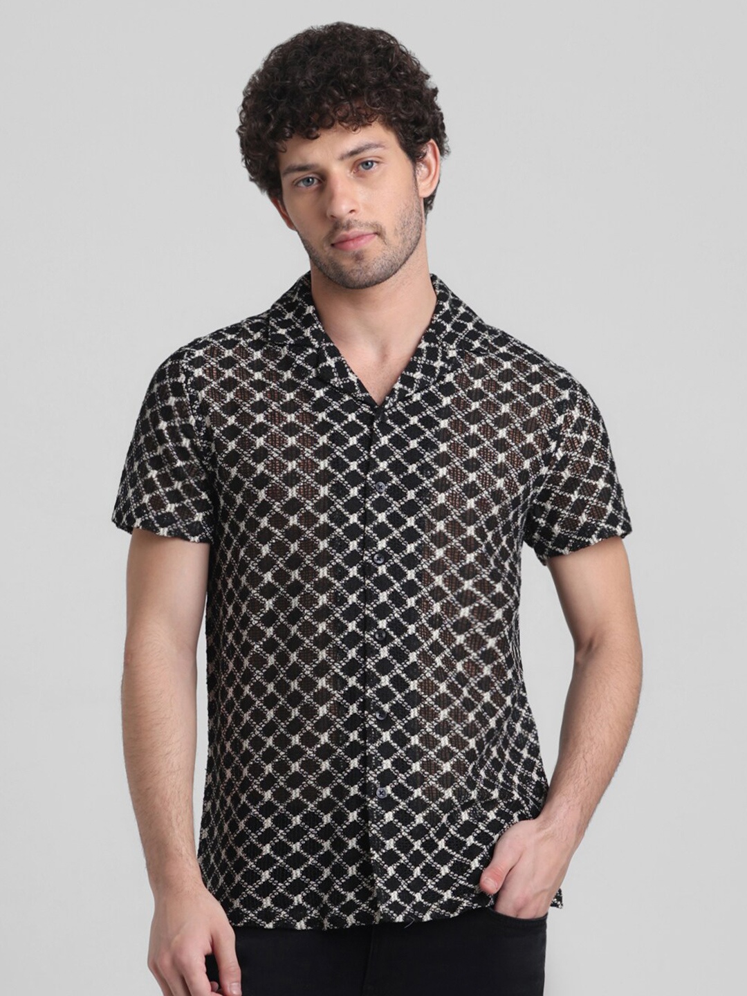 

Jack & Jones Self Design Cuban Collar Casual Shirt, Black