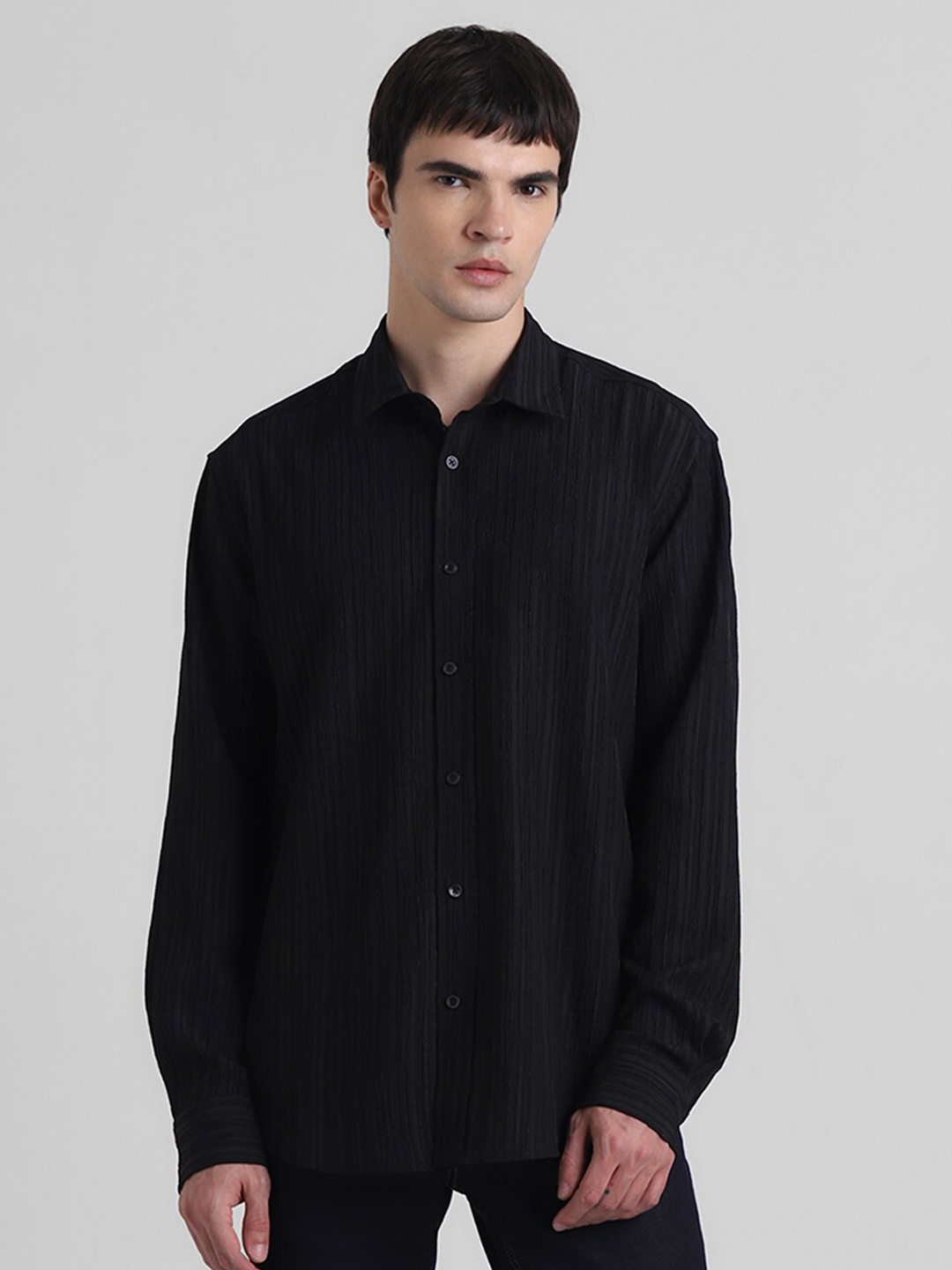 

Jack & Jones Self Design Spread Collar Casual Shirt, Black