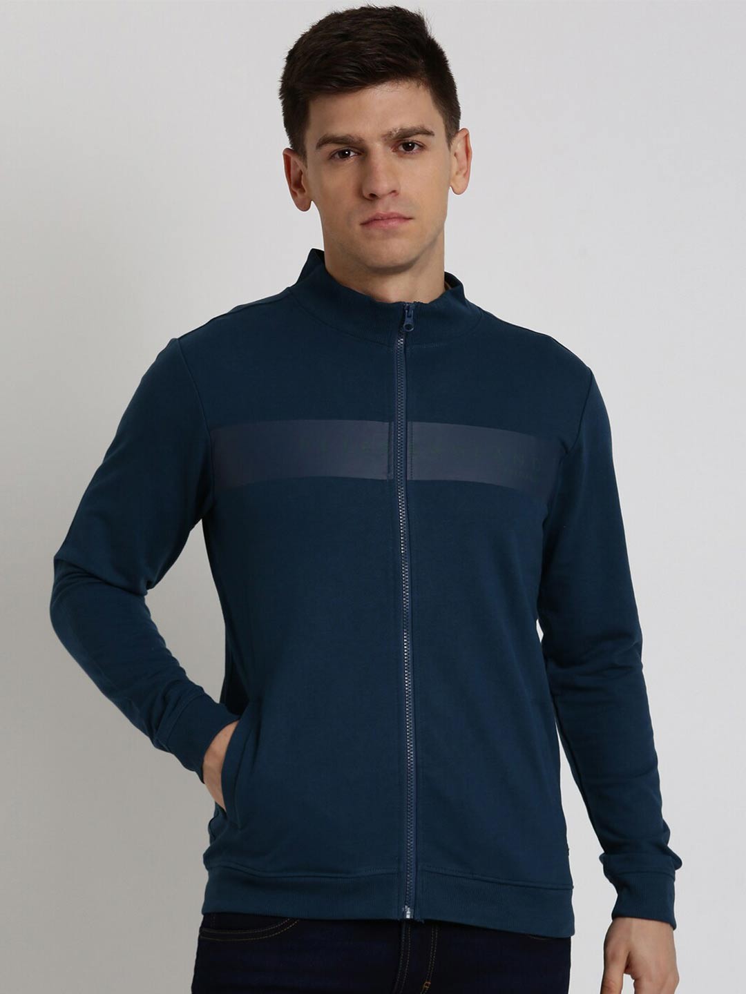 

Peter England Casuals Mock Collar Front Open Sweatshirt, Navy blue