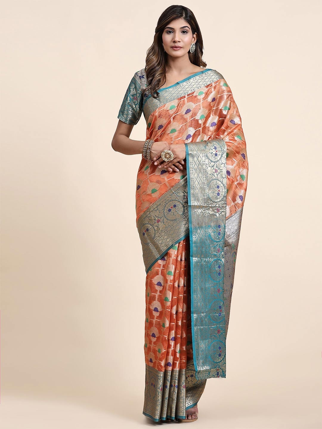 

NIWAA Floral Zari Pure Silk Tussar Saree, Orange