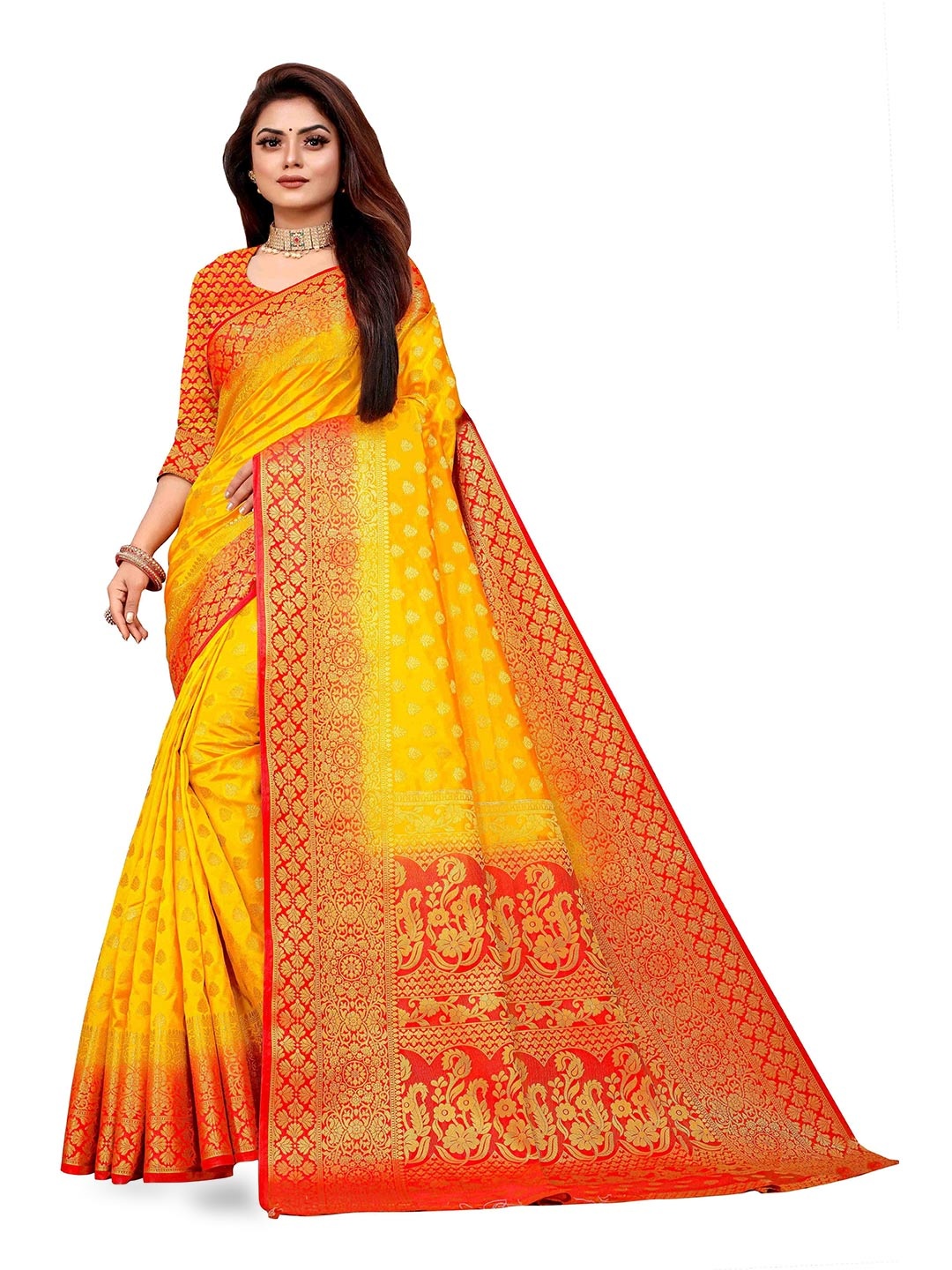 

ANISSA SAREE Ethnic Motifs Woven Design Zari Banarasi Saree, Yellow
