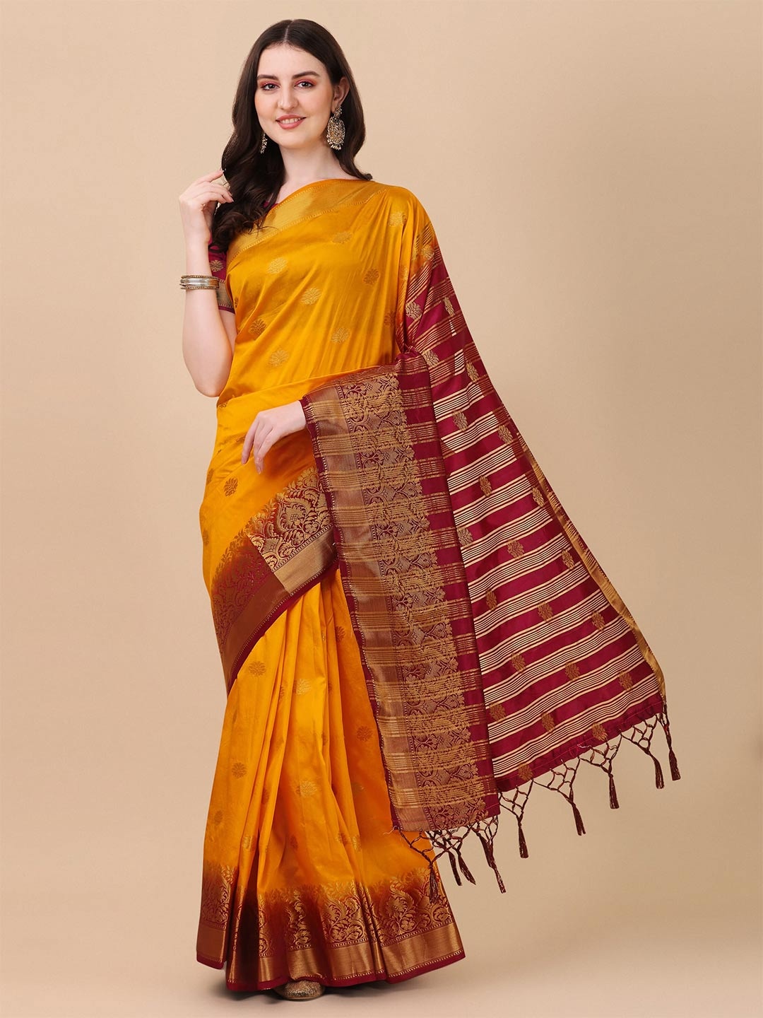 

ANISSA SAREE Ethnic Motifs Woven Design Zari Kanjeevaram Saree, Yellow