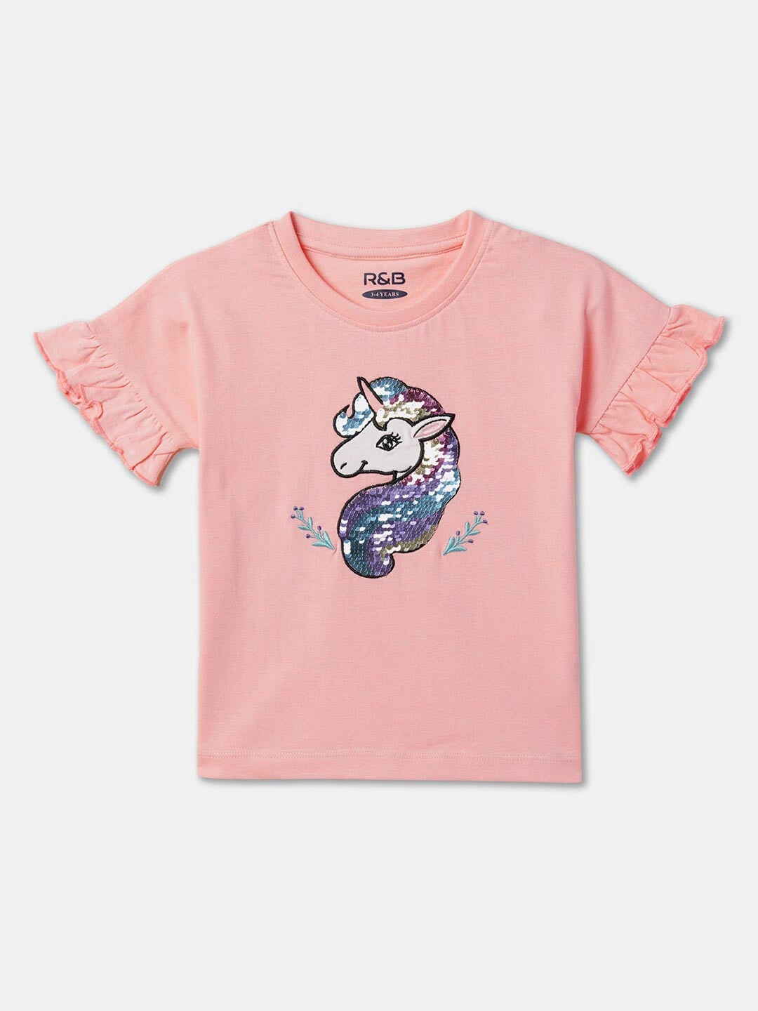 

R&B Girls Unicorn Embellished Flutter Sleeves Cotton Top, Peach