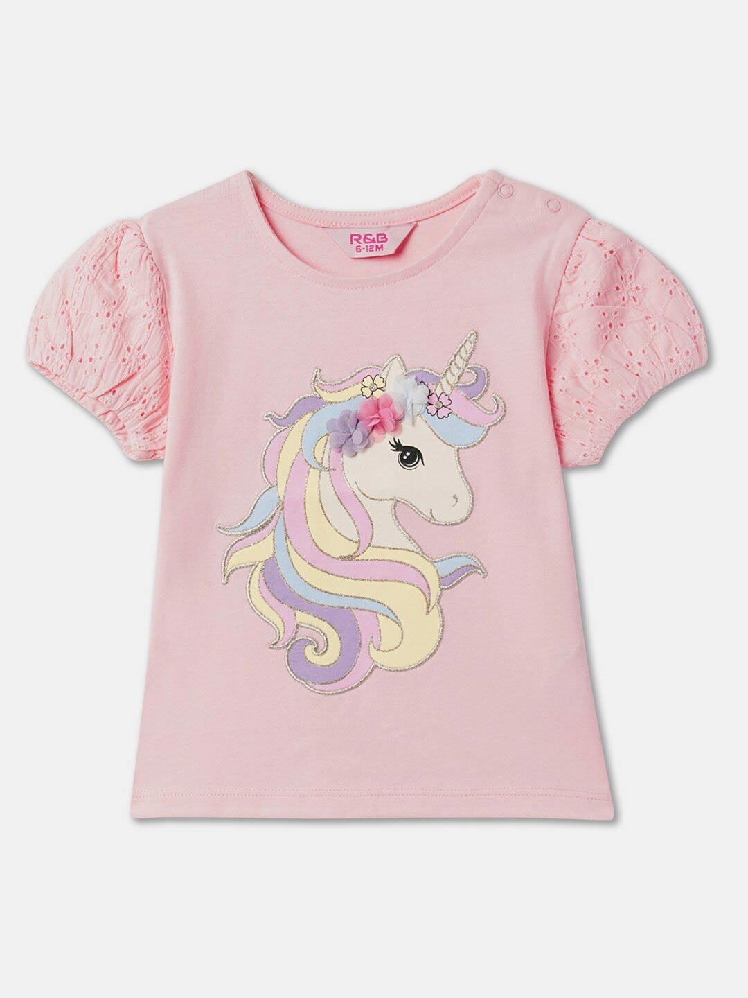 

R&B Girls Unicorn Printed Puff Sleeves Cotton Top, Pink