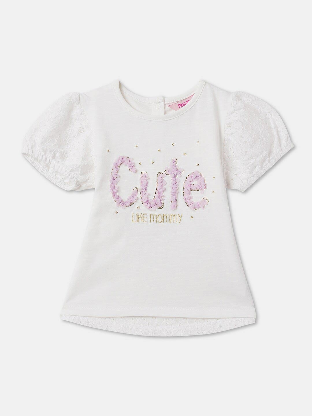 

R&B Girls Typography Printed Puff Sleeves Cotton Top, White