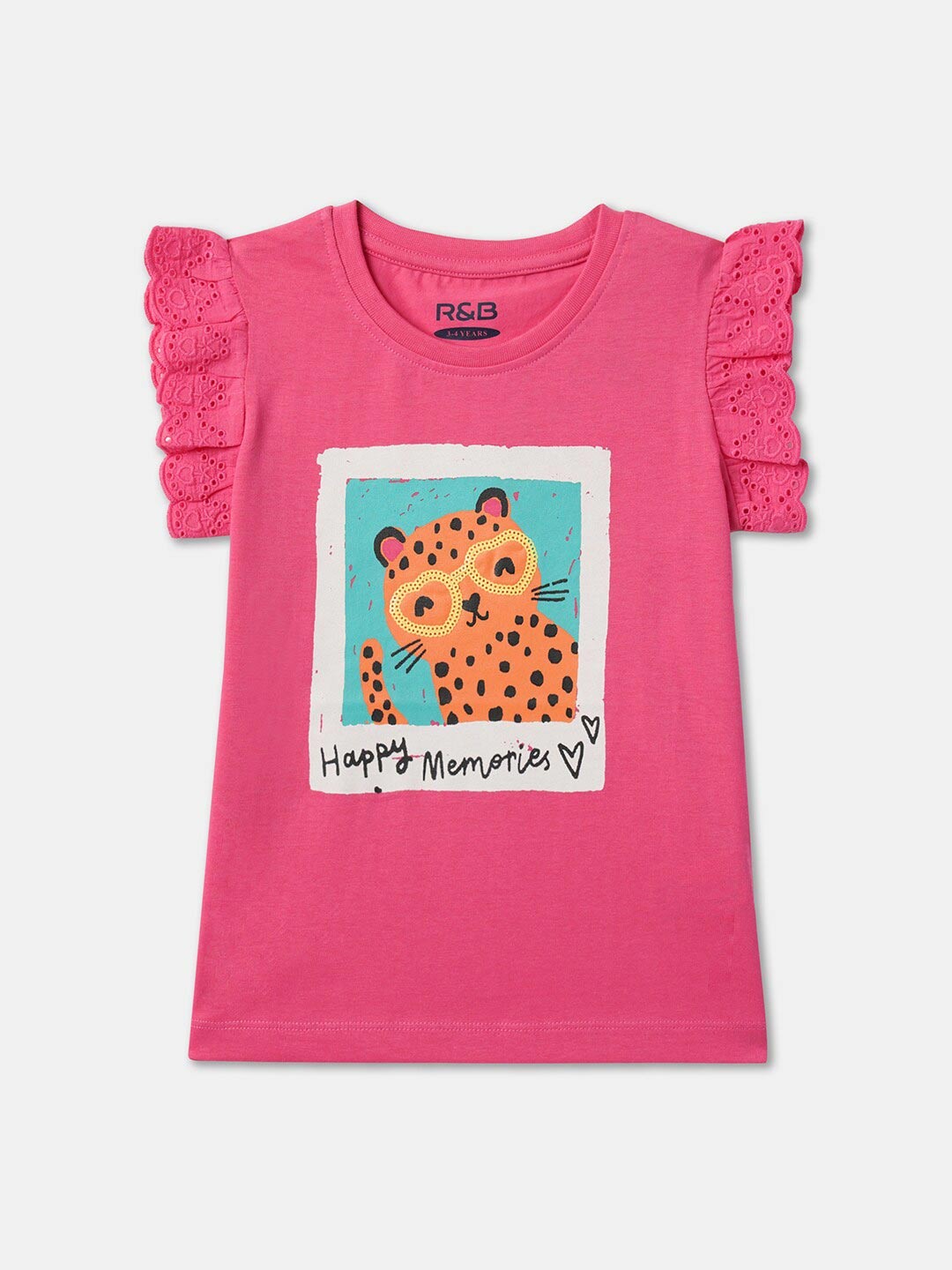 

R&B Girls Round Neck Flutter Sleeve Printed Cotton Top, Pink