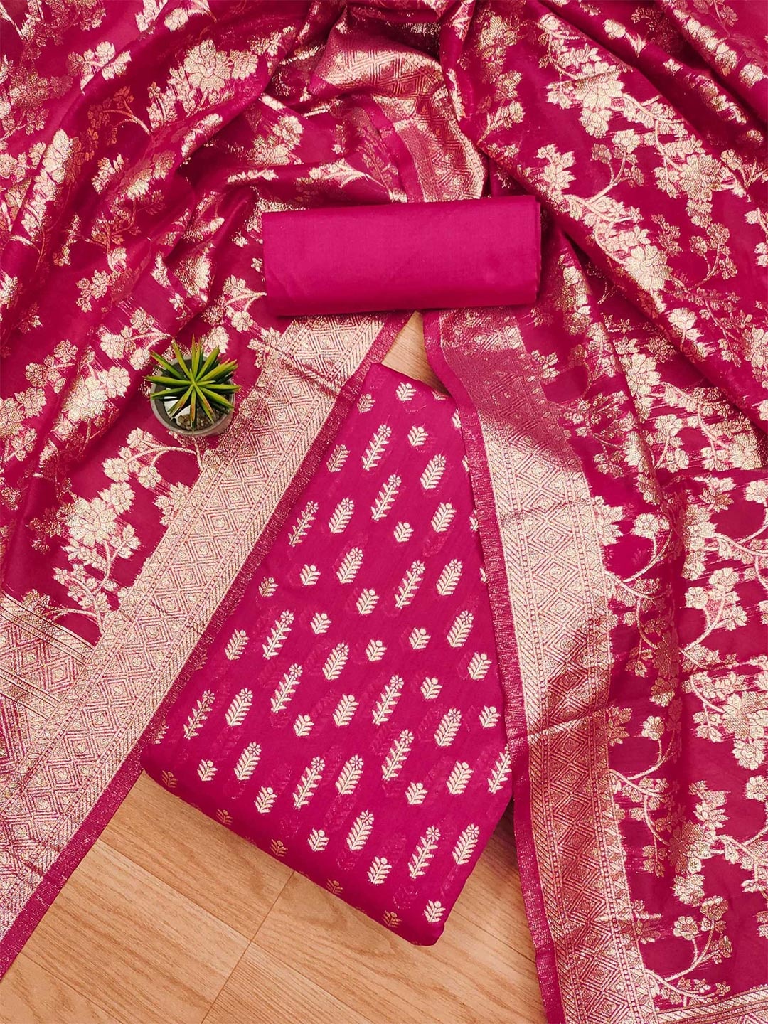 

Panzora Ethnic Motifs Woven Design Zari Chanderi Cotton Unstitched Dress Material, Pink