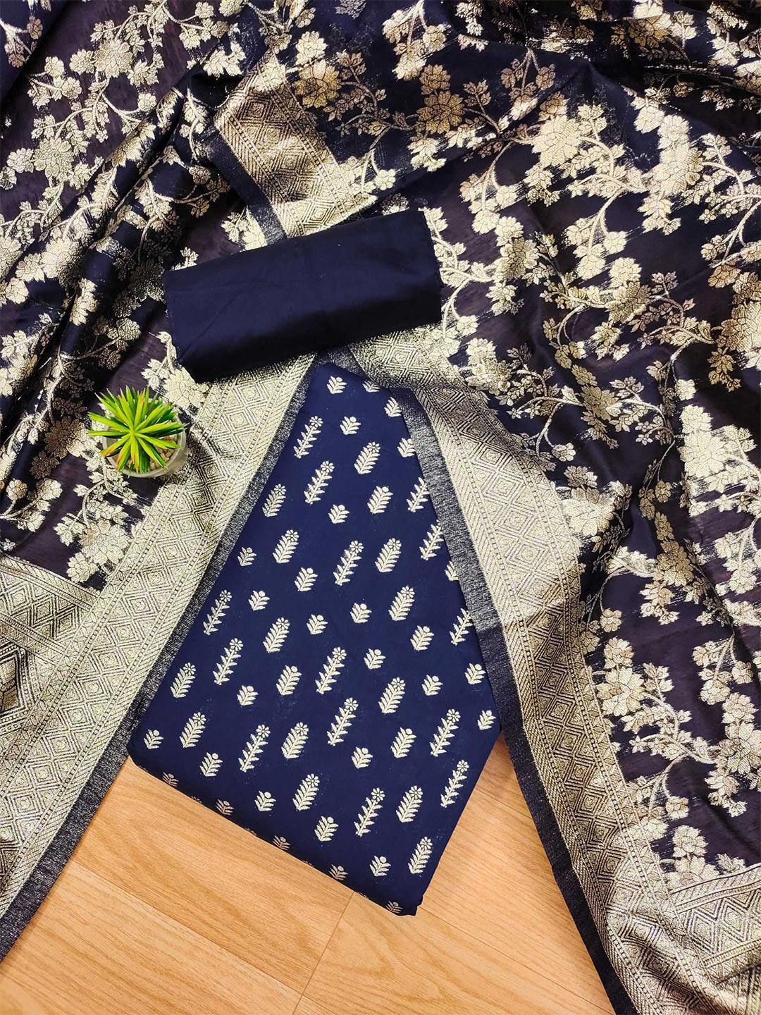 

Panzora Floral Printed Unstitched Dress Material, Navy blue